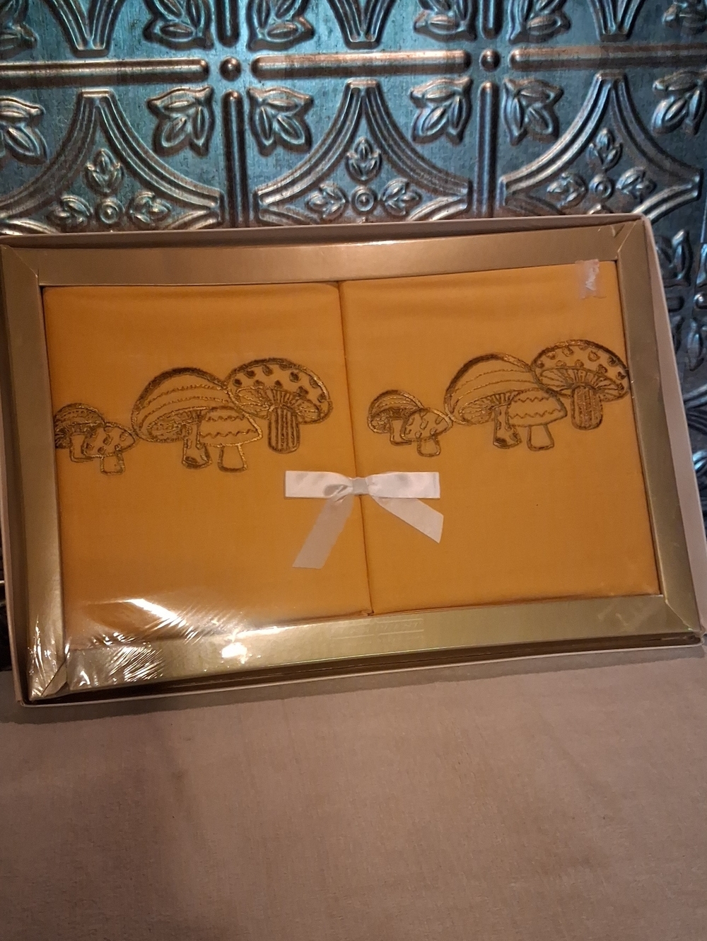 Embroidered Mushroom Pillow Case Set - Mustard Yellow 1970's
